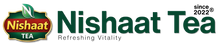 Nishaat Tea logo on a plain white background, with the brand name in dark green and a small tea leaf emblem in green and gold.