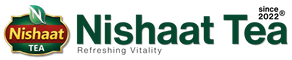 Nishaat Tea logo on a plain white background, with the brand name in dark green and a small tea leaf emblem in green and gold.