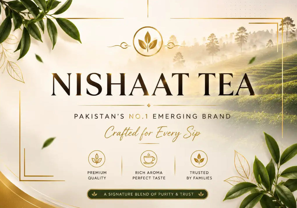 Promotional graphic for Nishaat Tea featuring the brand name in large serif text, decorative gold lines, tea leaf illustrations, and a soft background with a misty tea plantation scene.
