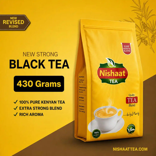 A 430 gram stand-up pouch of Nishaat Tea (Black Tea Blend) on a yellow and brown graphic background with text highlighting 'New Strong Black Tea' and '430 Grams'.