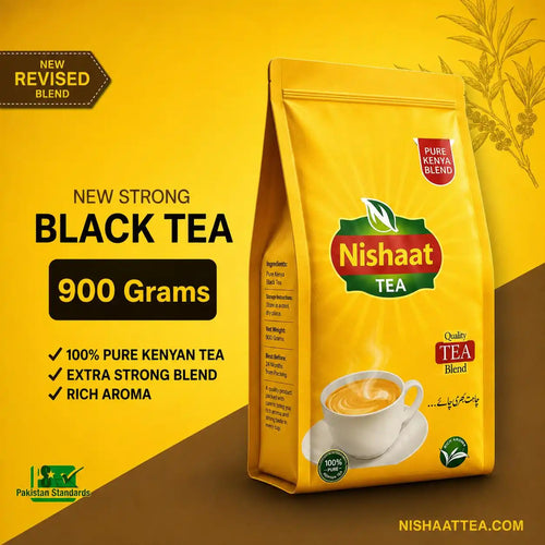 A 430 gram stand-up pouch of Nishaat Tea (Black Tea Blend) on a yellow and brown graphic background with text highlighting 'New Strong Black Tea' and '430 Grams'.