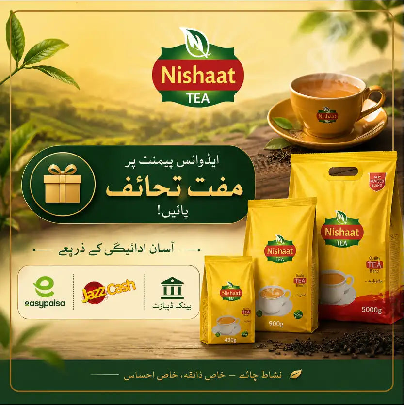 Nishaat Tea promotional graphic in Persian with multiple yellow tea bags and a cup of tea on a rustic background, plus logos for EasyPaisa, JazzCash, and Bank-i-Tibet.