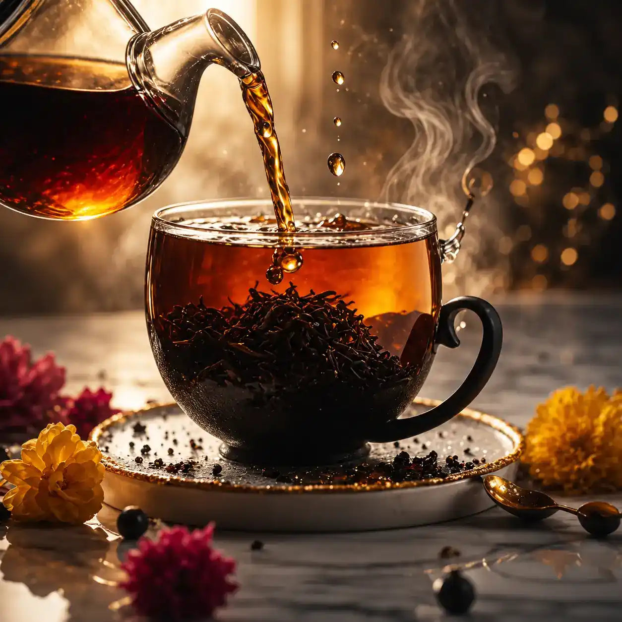 A clear glass teapot pours amber tea into a matching glass cup filled with loose tea leaves, set on a saucer with scattered tea leaves and surrounded by colorful flowers and steam against a warm blurred background.