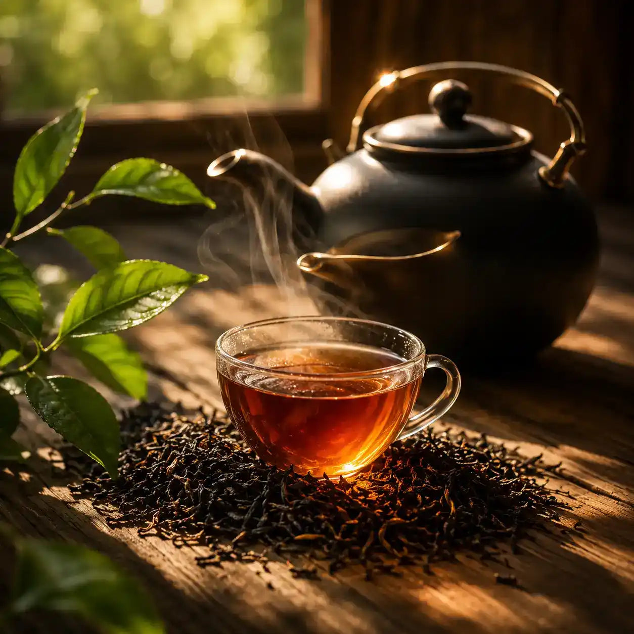 A clear glass cup filled with amber tea sits on a wooden surface surrounded by loose tea leaves, with a dark teapot and green leaves in the background under warm sunlight.