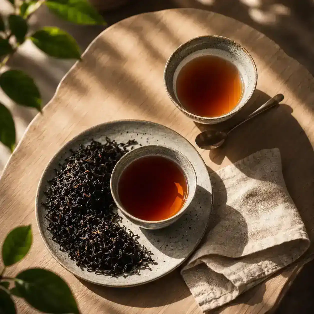 Two small ceramic cups filled with amber tea on a light wood tray, alongside a plate of loose dark tea leaves and a folded beige cloth. Sunlight and leaf shadows are cast across the scene.